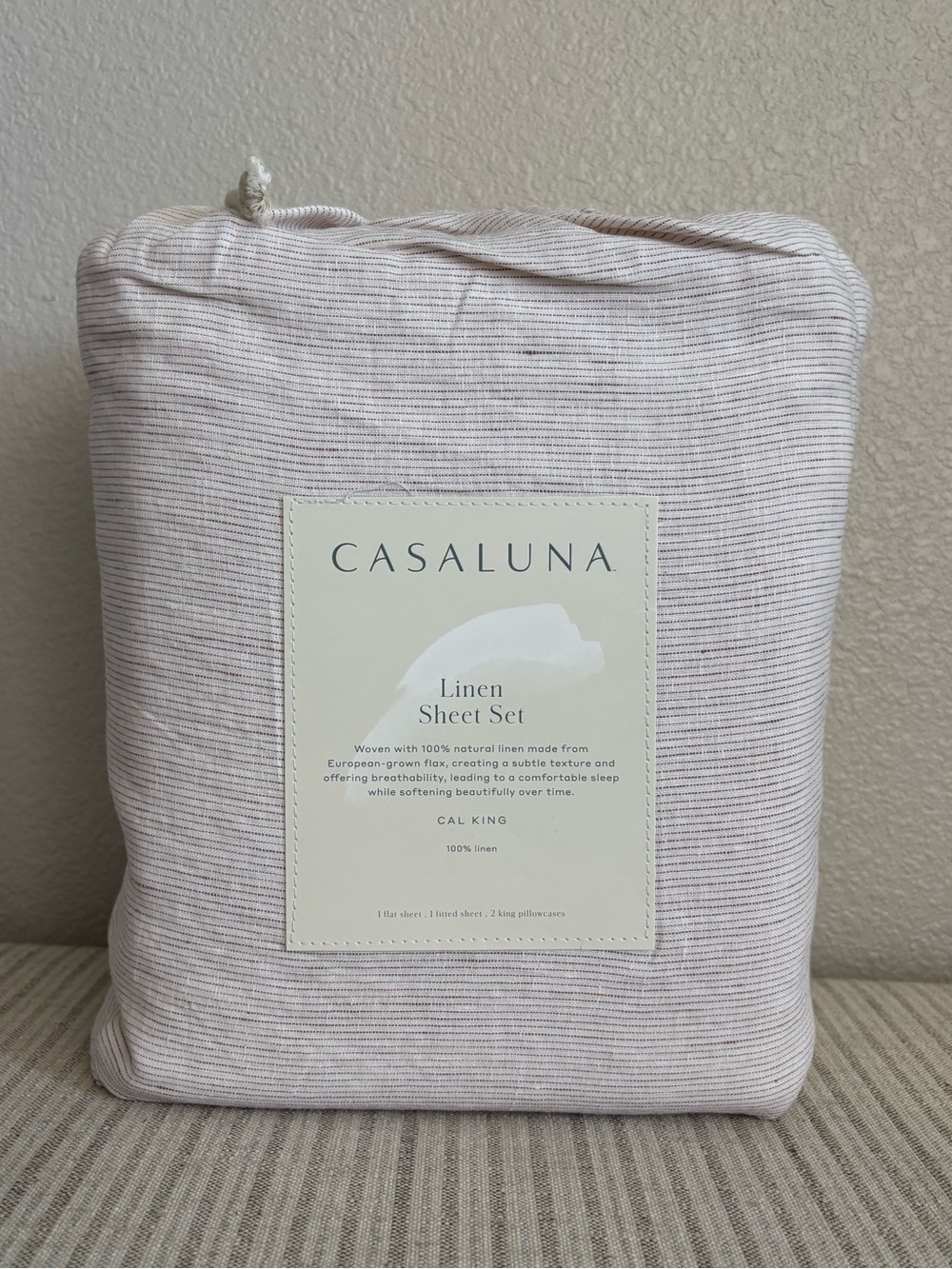 NWT California King 100% Linen Sheet Set Adobe Clay Micro Stripe - Casaluna